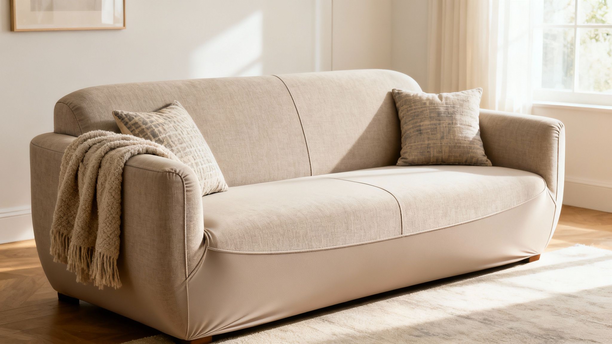 A beige two-seater sofa with throw pillows and a blanket, featuring a sleek, light-colored base.