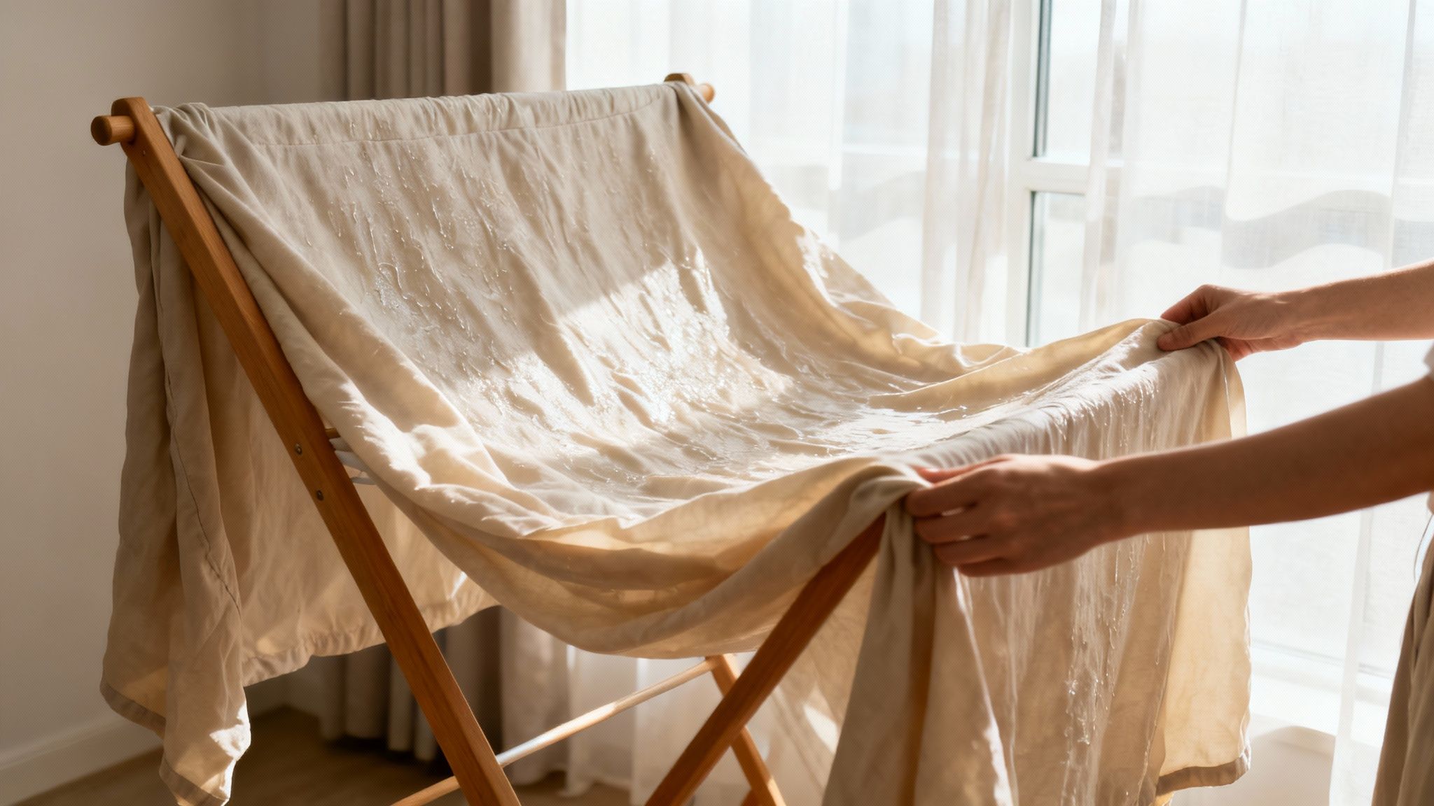 A person hangs a wet beige fabric, possibly a sofa cover, on a wooden drying rack indoors.