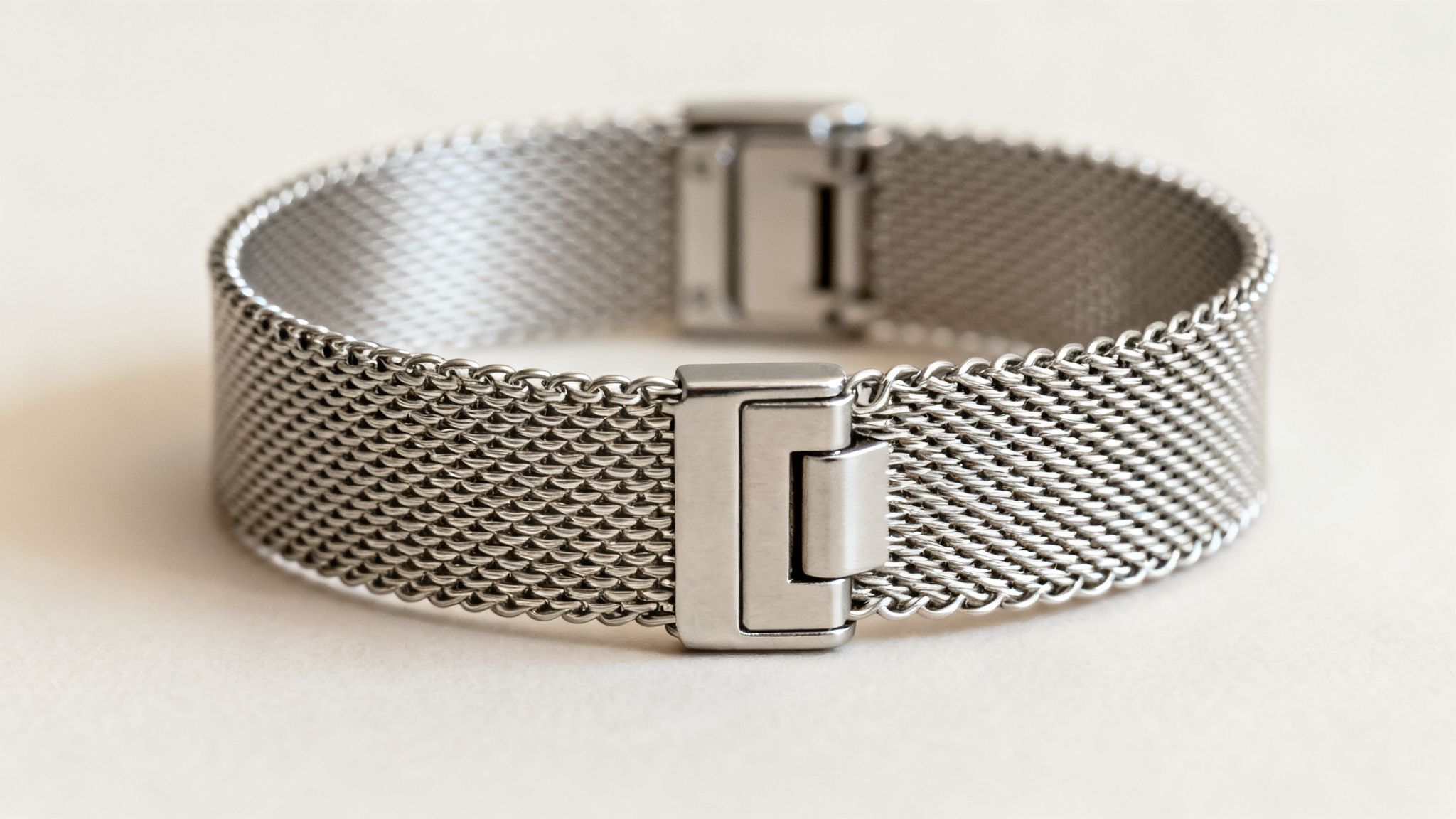 A close-up shot of a silver Milanese mesh watch band with a secure metal clasp.