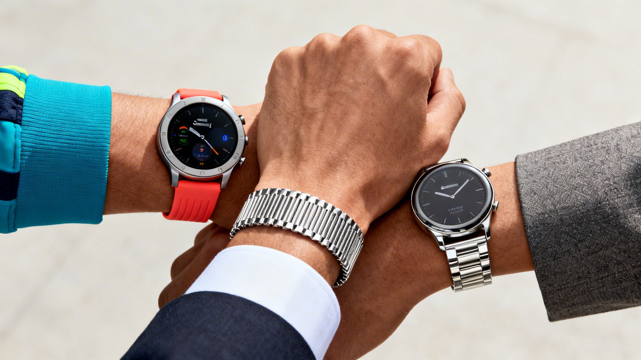 Two smartwatches with different straps and a metal bracelet on three wrists.