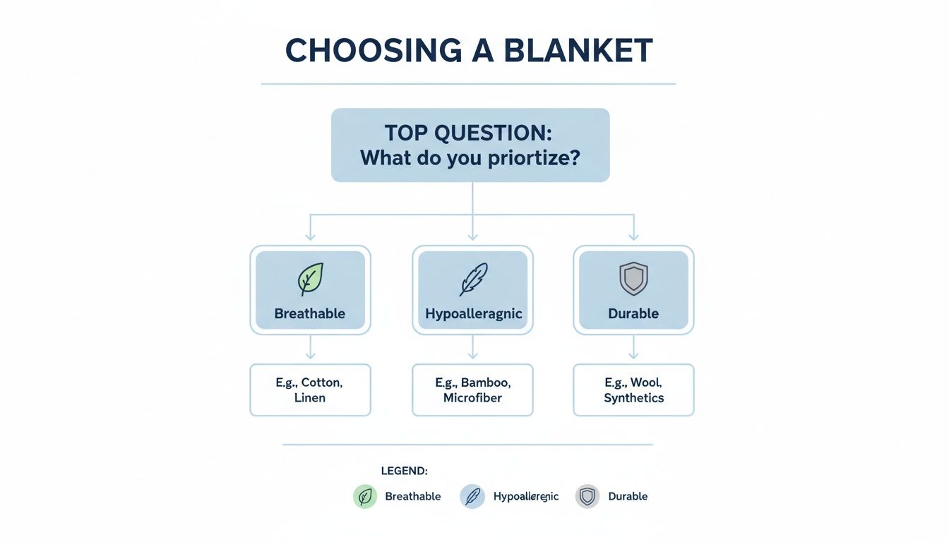Flowchart illustrating how to choose a blanket based on priorities like breathability, hypoallergenic, and durability.