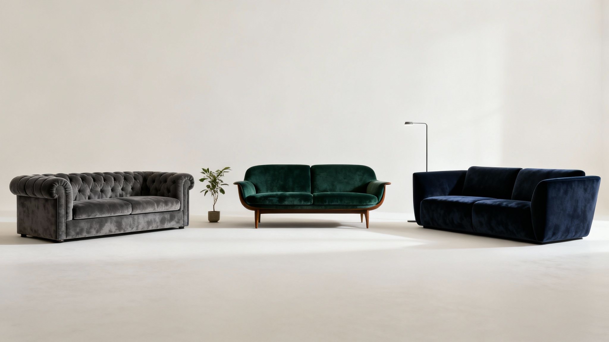 Three luxurious velvet sofas in grey, green, and navy, displayed in a spacious white minimalist room.