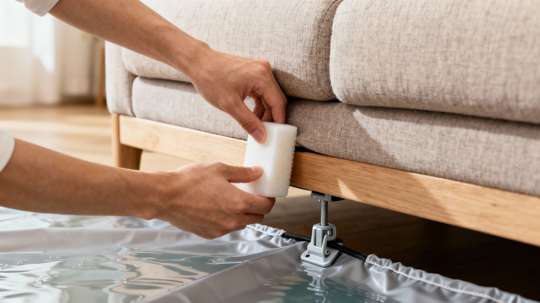 Person's hands cleaning the base of a beige sofa with a white sponge, above a waterproof mat.