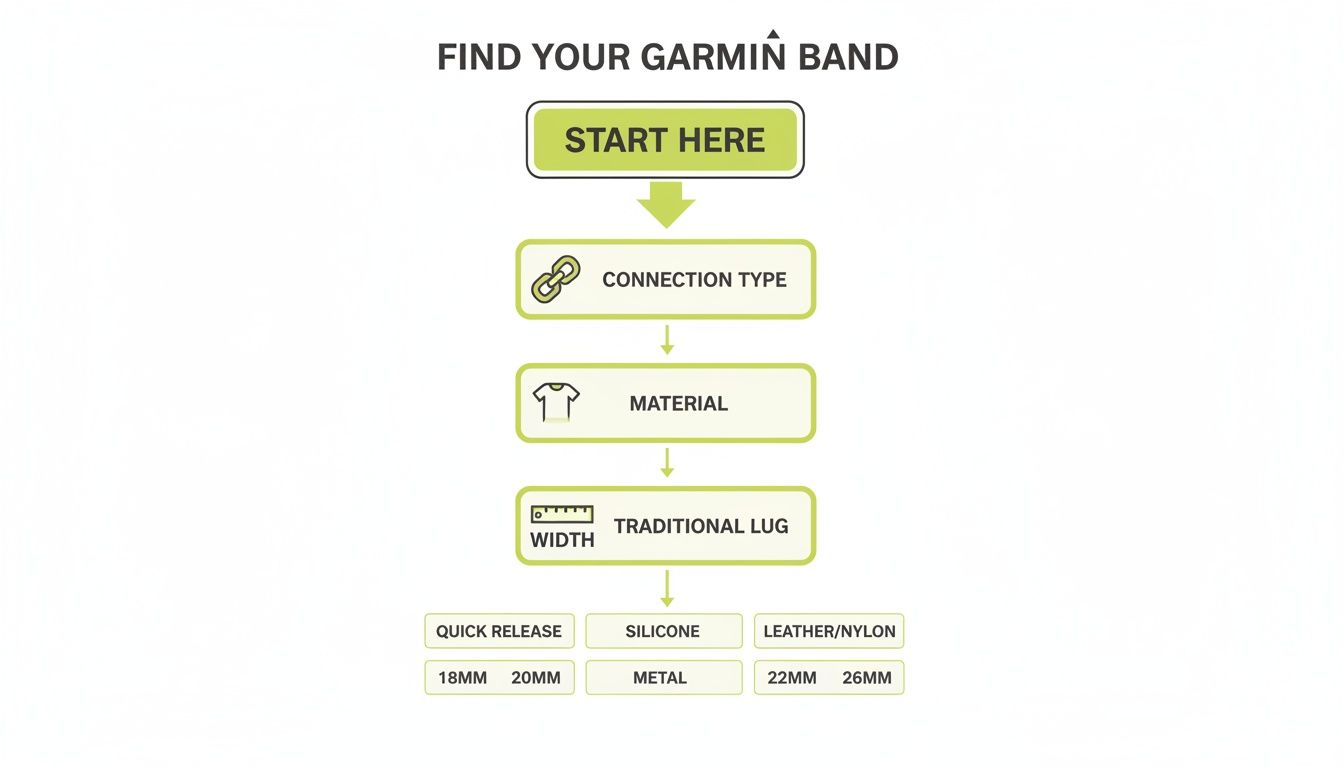 Flowchart detailing steps to find Garmin replacement bands based on connection type, material, and traditional lug width.