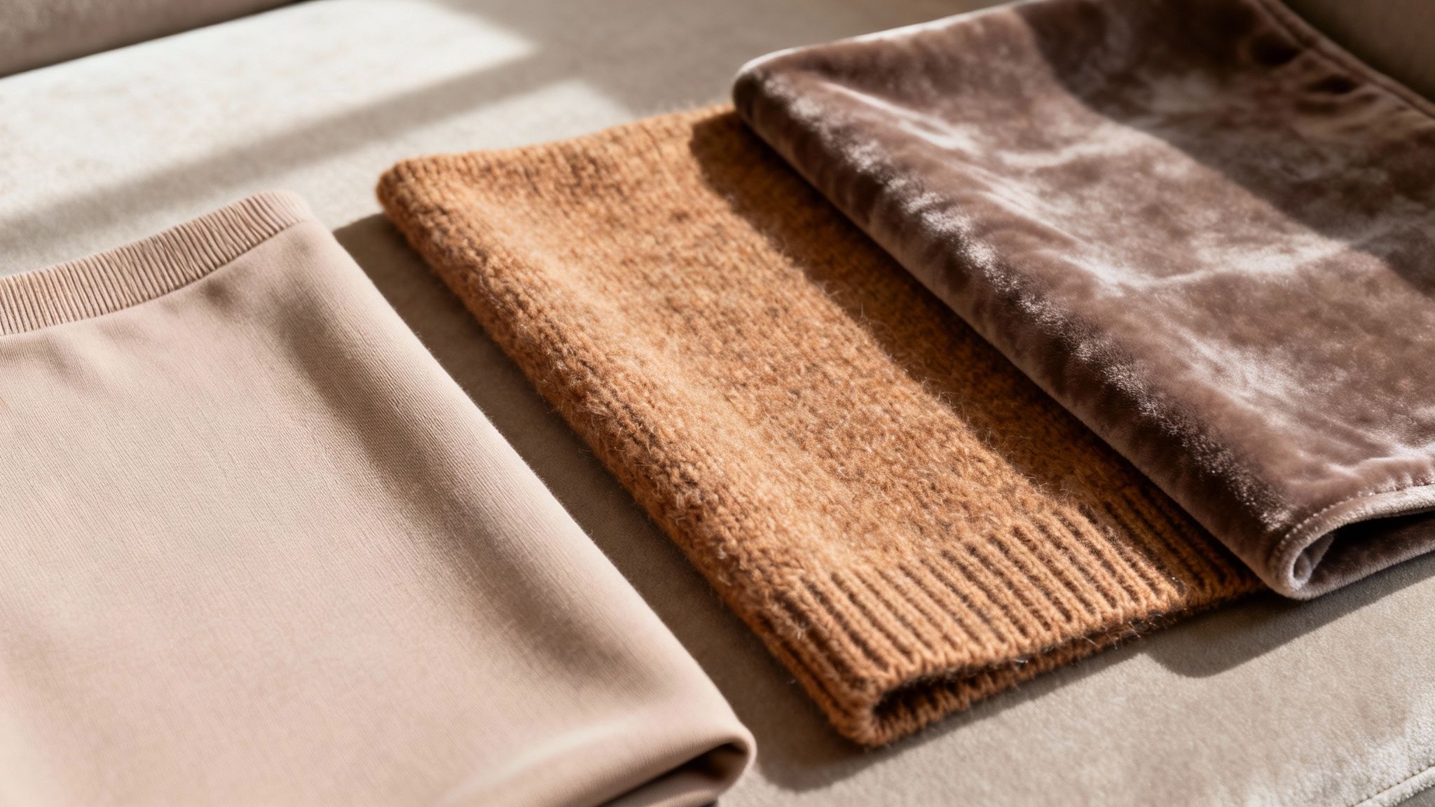 Close-up of three different fabrics: smooth beige, chunky knit brown, and shimmering velvet brown.