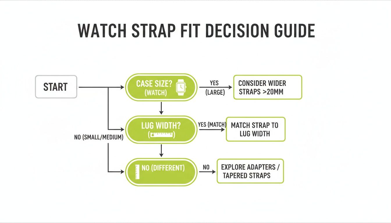 Decision guide flowchart for selecting the correct watch strap fit based on case size and lug width.