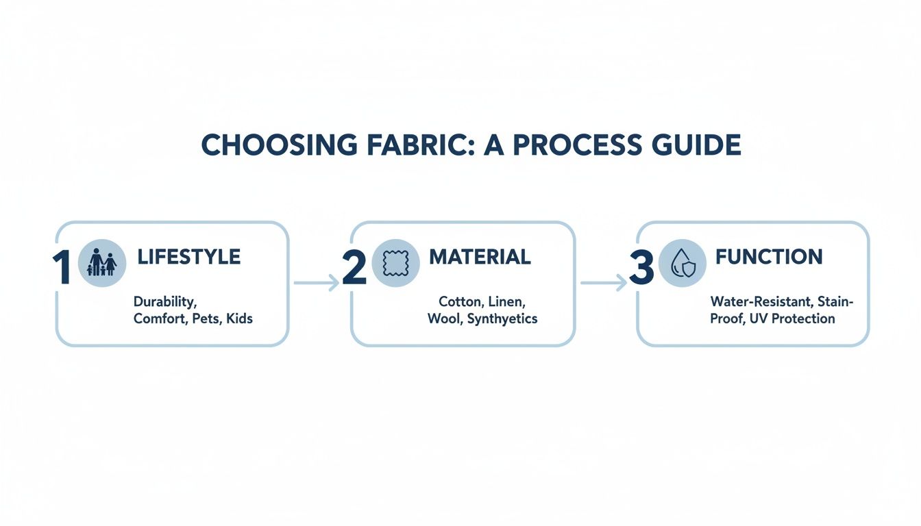 A three-step process guide for choosing fabric, detailing lifestyle, material, and function considerations.