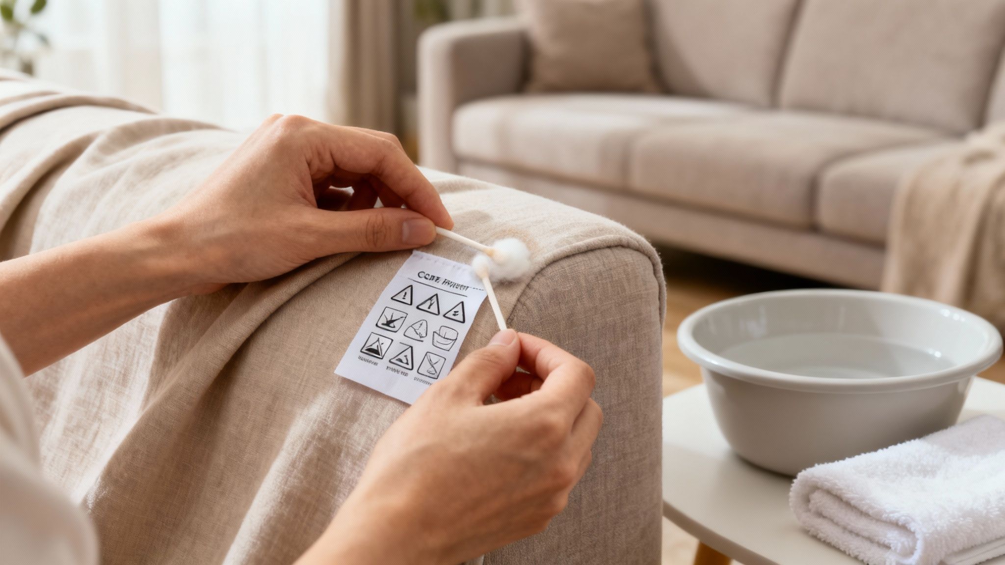 Hands gently cleaning a beige sofa armrest with cotton swabs and a fabric care label.