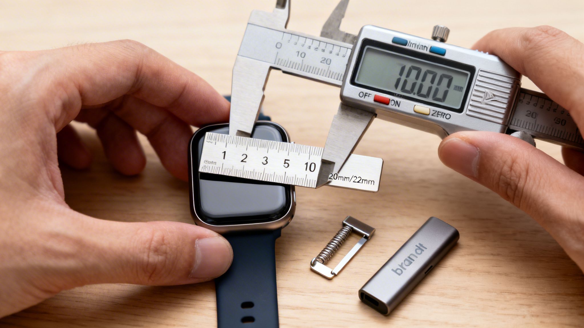 Close-up of hands using a digital caliper to measure the lug width of a smartwatch, showing 10.00 mm.
