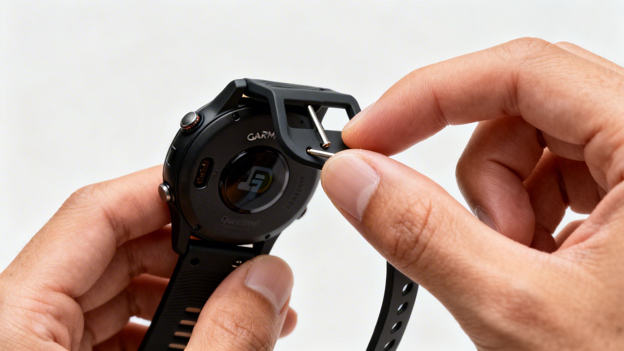 Close-up of hands replacing a black Garmin smartwatch band with new spring bars.