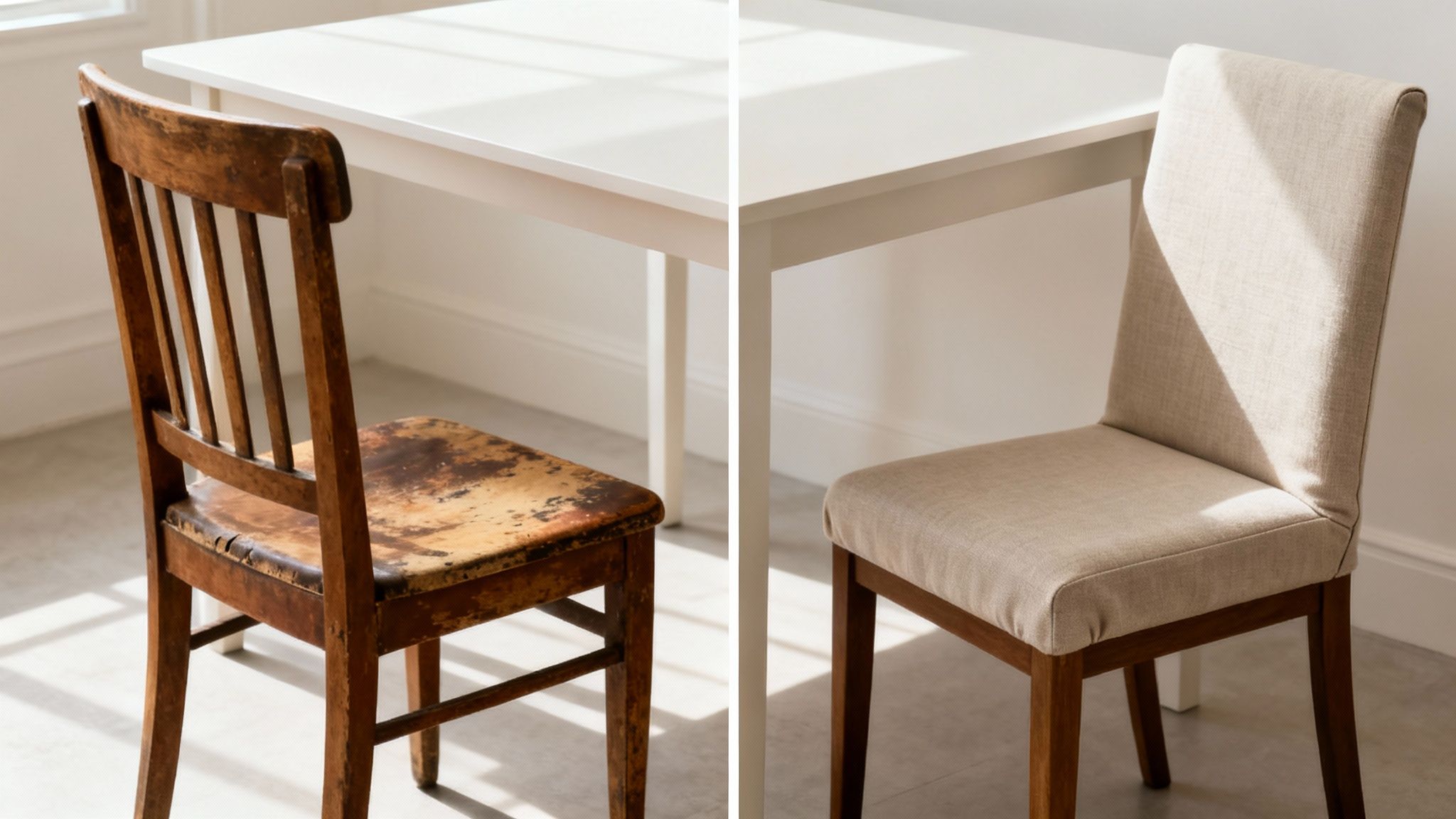 Before and after comparison of a dining chair: worn wooden chair on left, new beige slipcover on right.