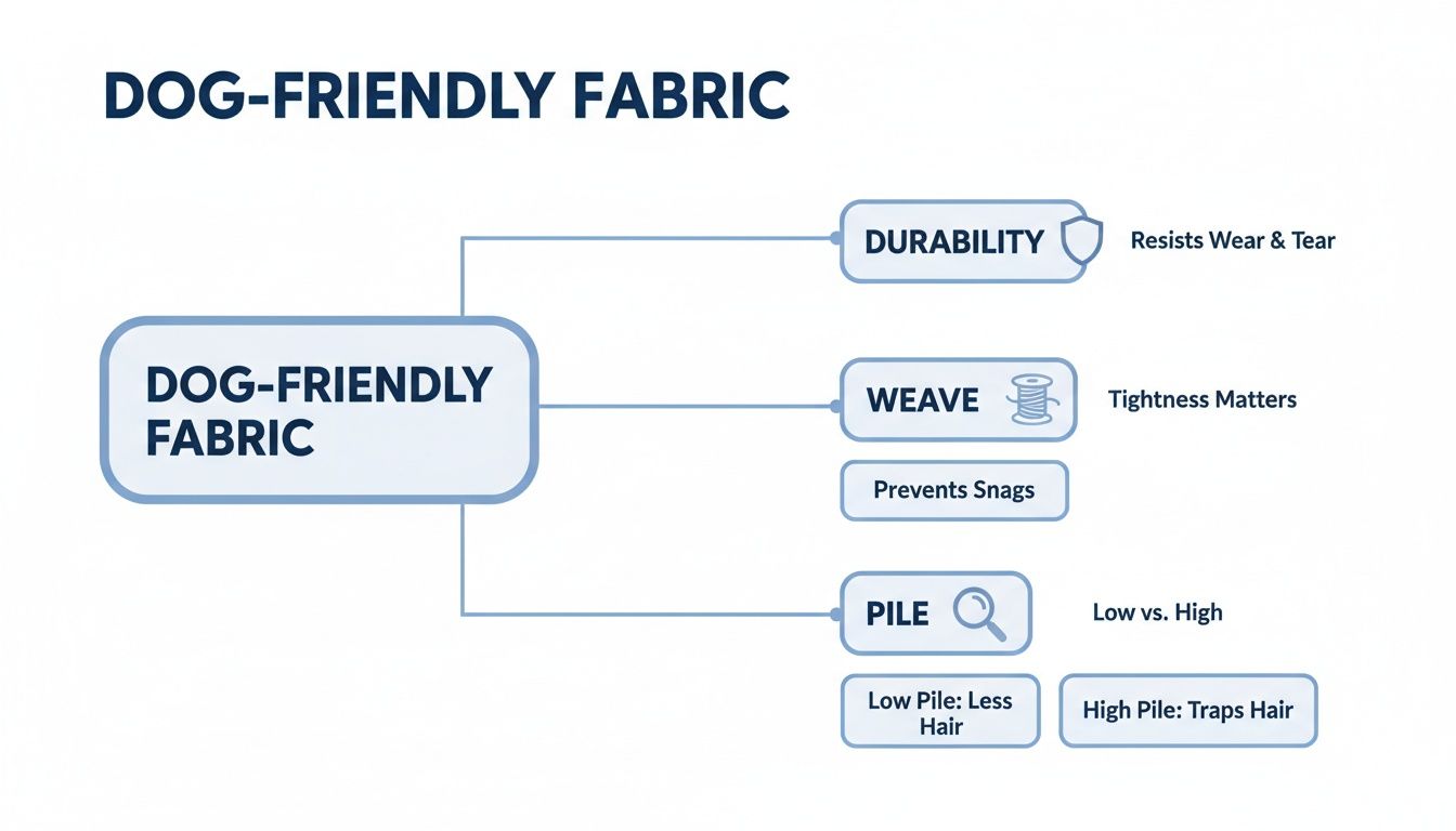A mind map detailing the characteristics of dog-friendly fabric, covering durability, weave, and pile types.