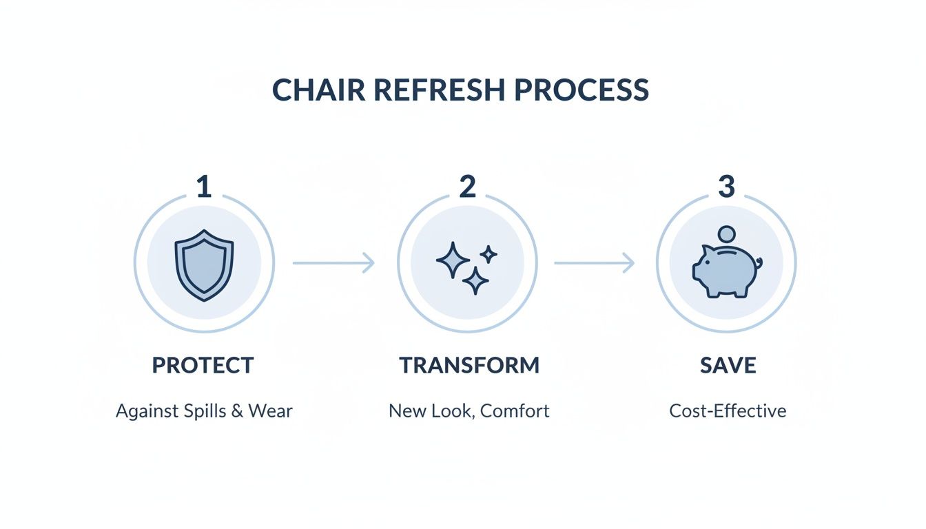 Infographic showing a 3-step chair refresh process: protect, transform, and save with new look and comfort.