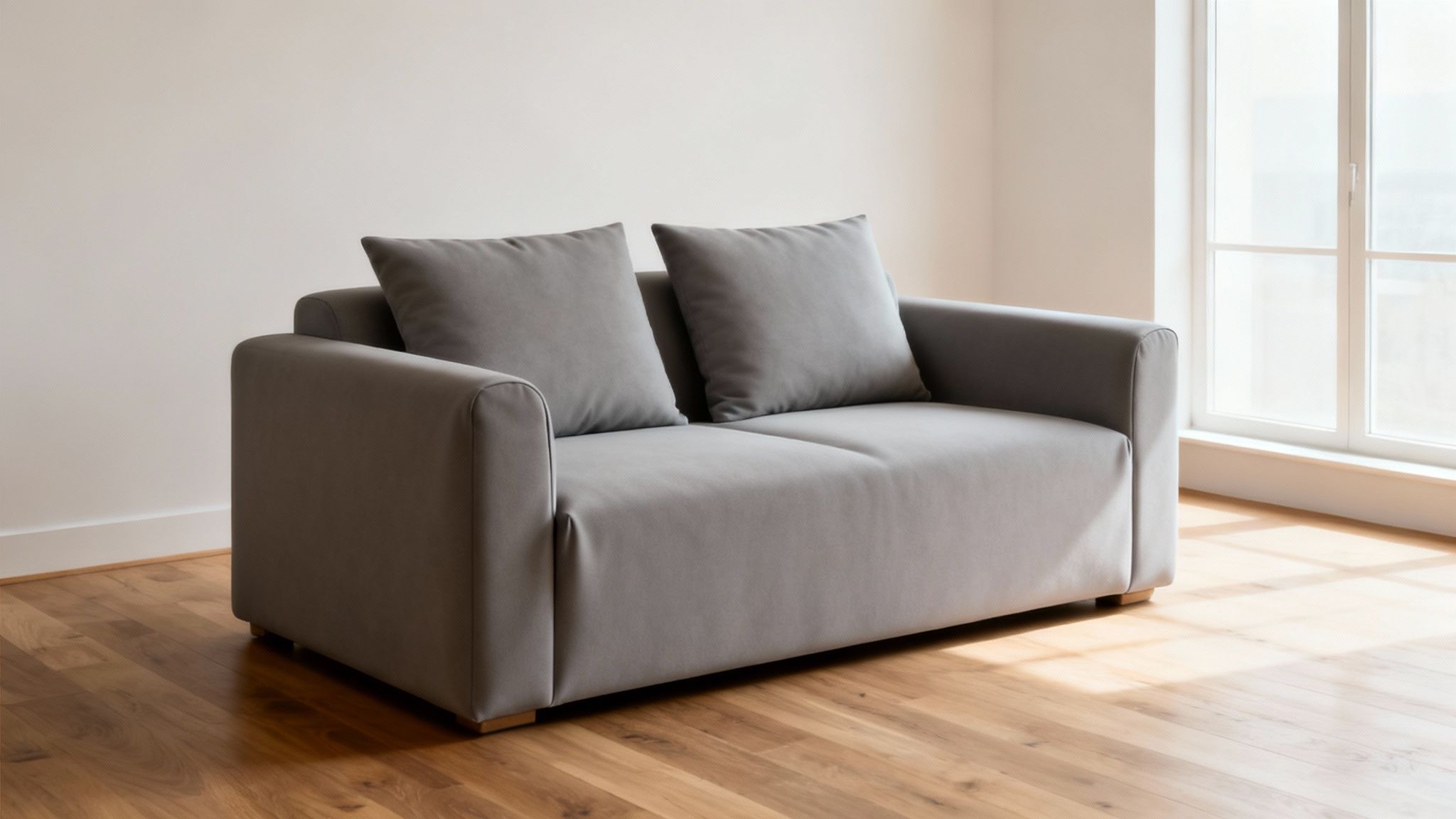 A modern grey two-seater sofa with cushions in a bright room with wooden floors and a window.