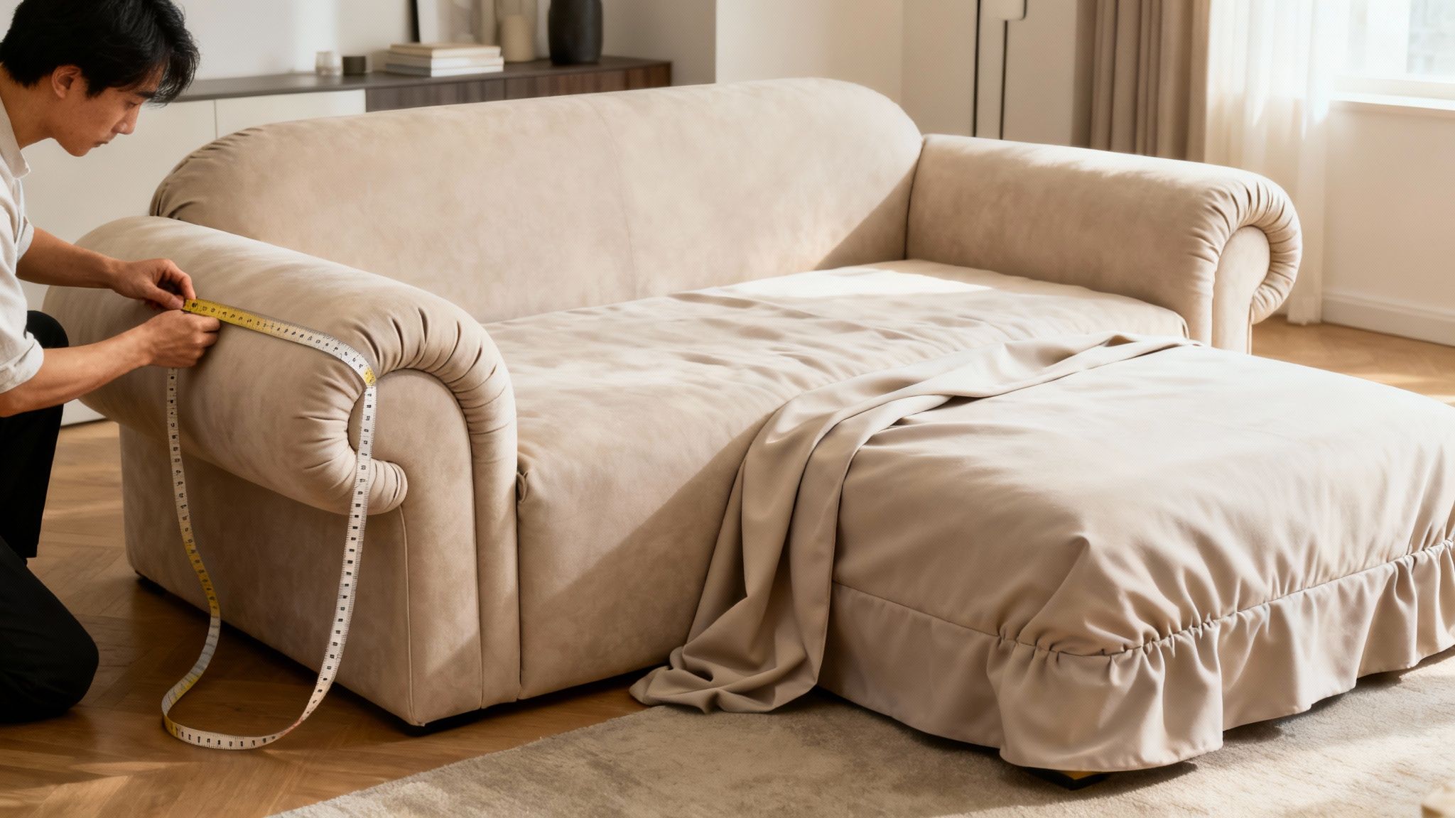 A man measures the armrest of a beige sofa bed with a tape measure in a sunlit room.