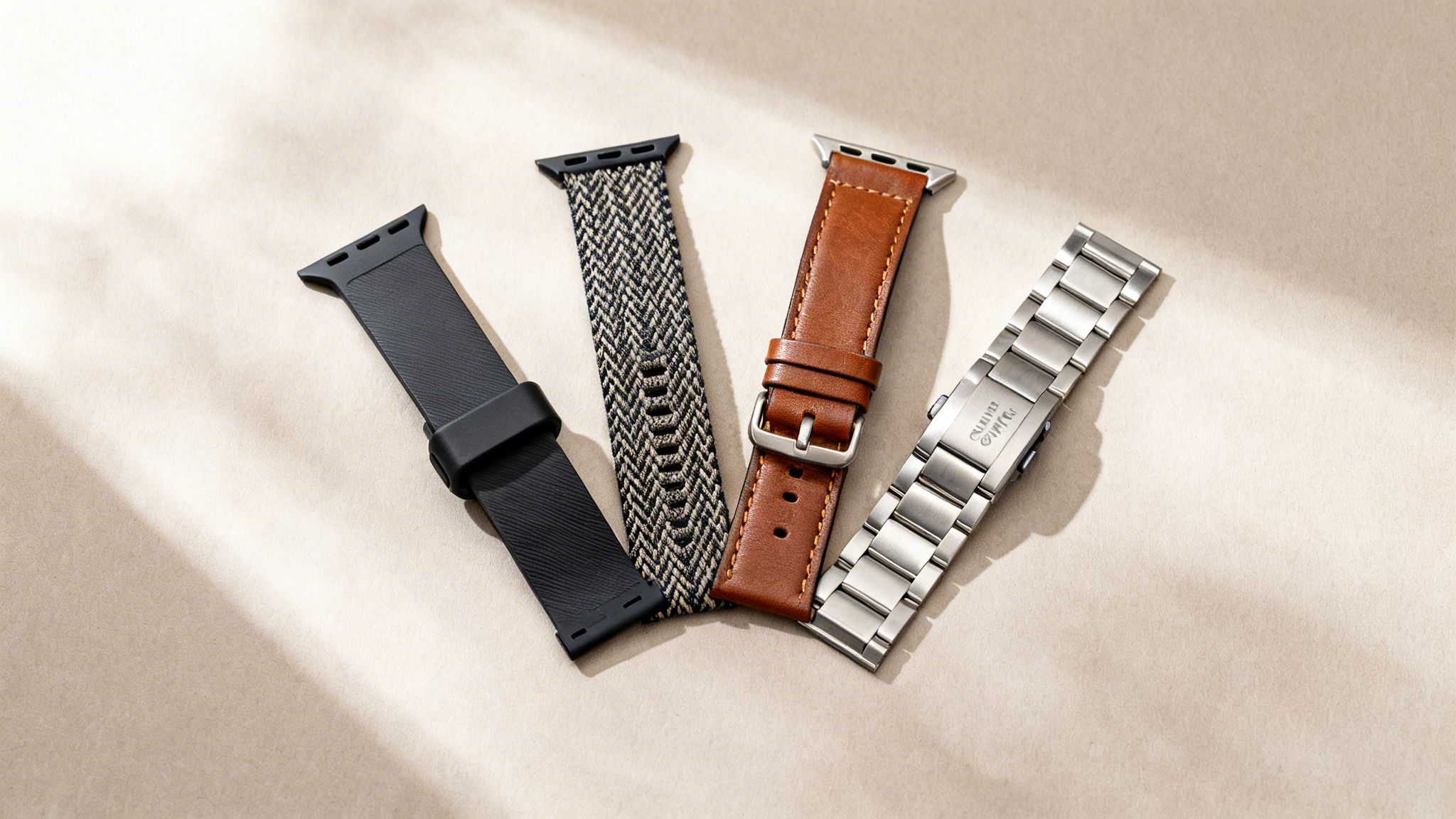Four diverse smart watch bands: black silicone, woven fabric, brown leather, and silver metal.