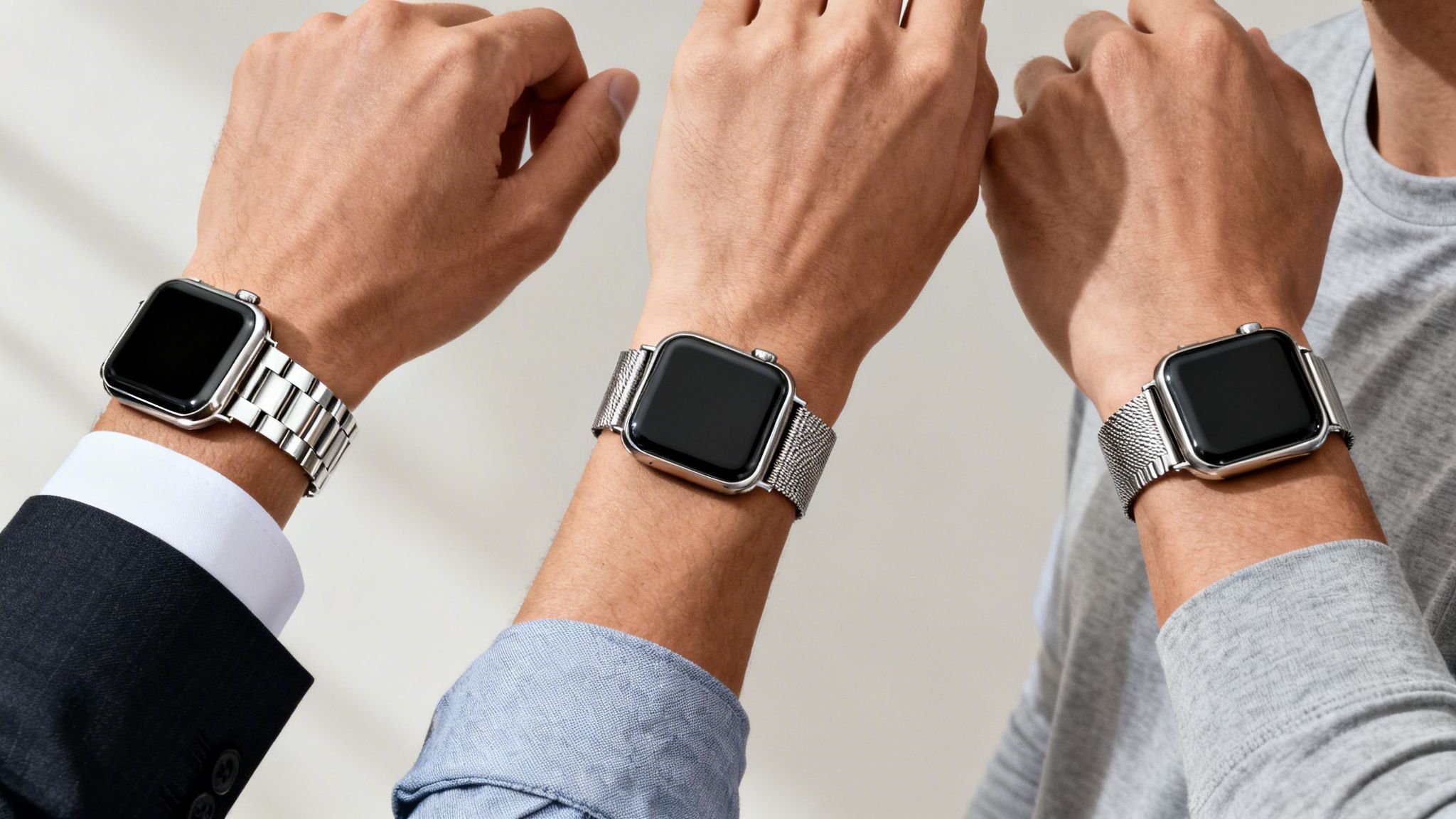 Three men showcase Apple Watches with different silver stainless steel metal watch bands.