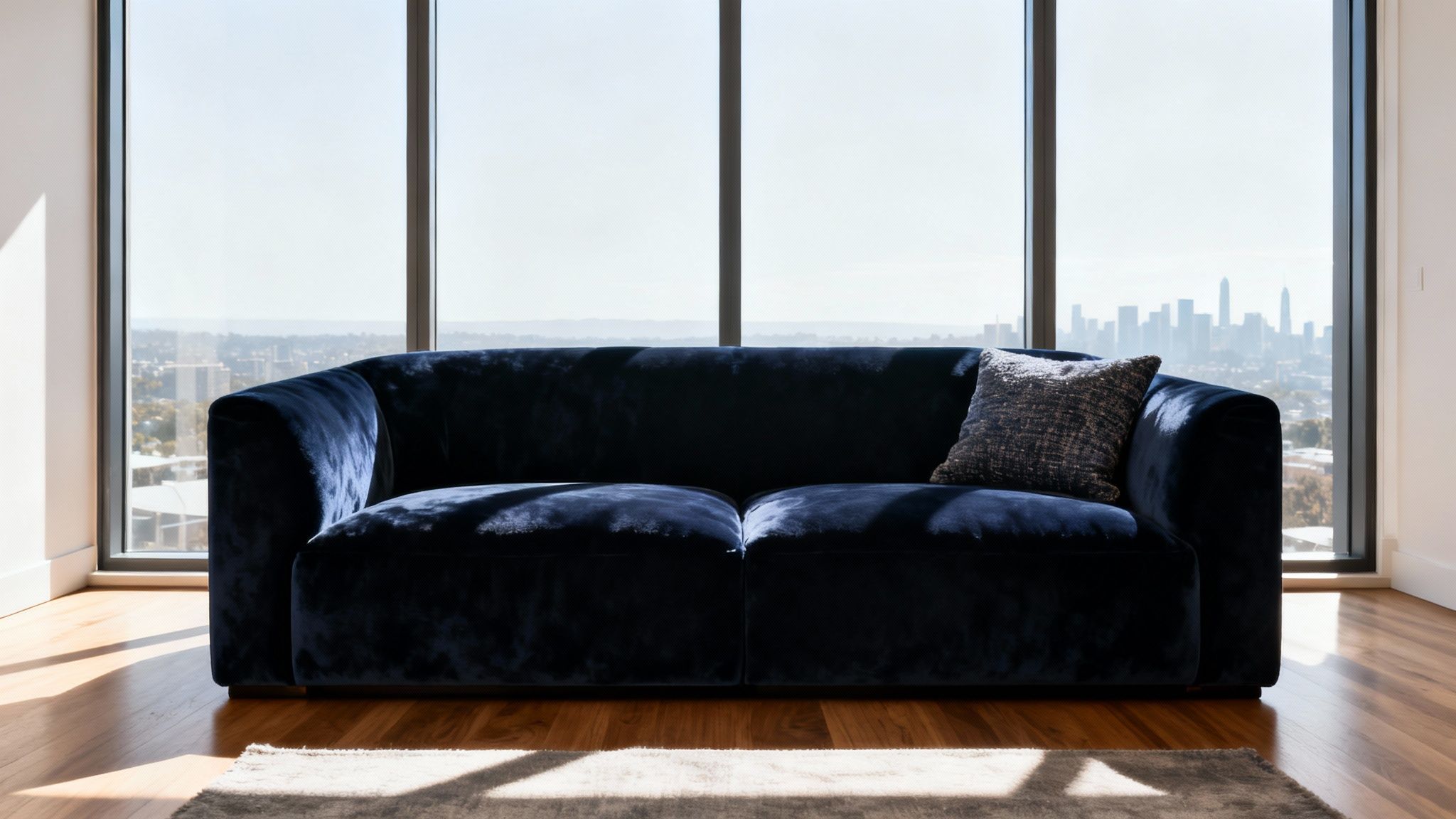 Dark blue velvet sofa in a modern room with a city view from large windows.