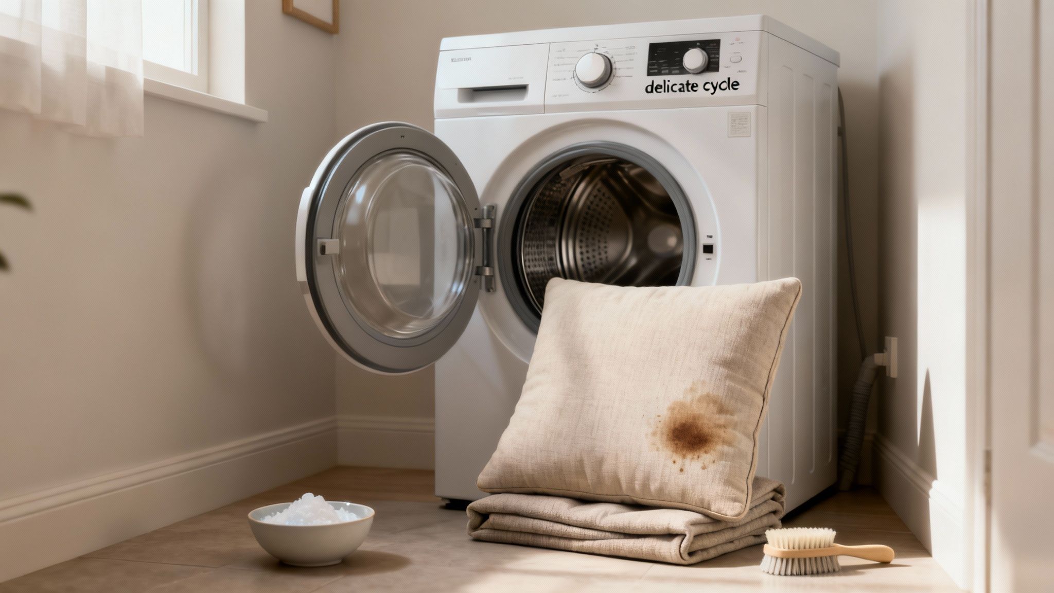 A white washing machine with an open door, a stained beige pillow, and a cleaning brush.