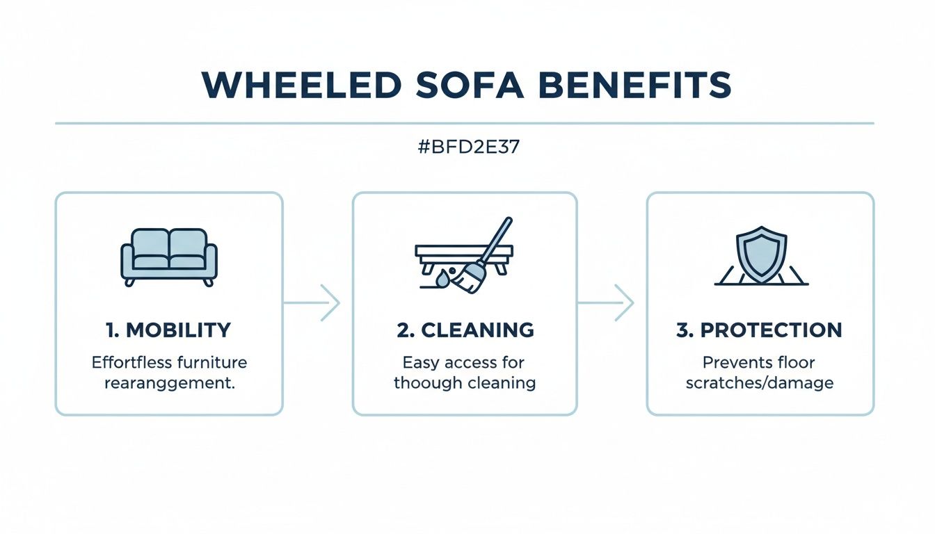 Infographic illustrating three key benefits of wheeled sofas: mobility, easy cleaning, and floor protection.