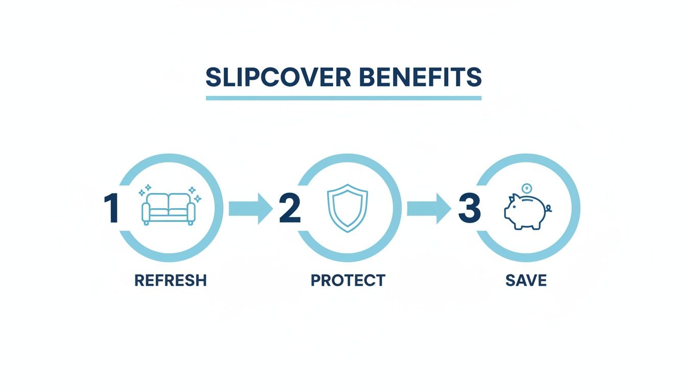 Diagram illustrating three slipcover benefits: refresh (sofa), protect (shield), and save (piggy bank).