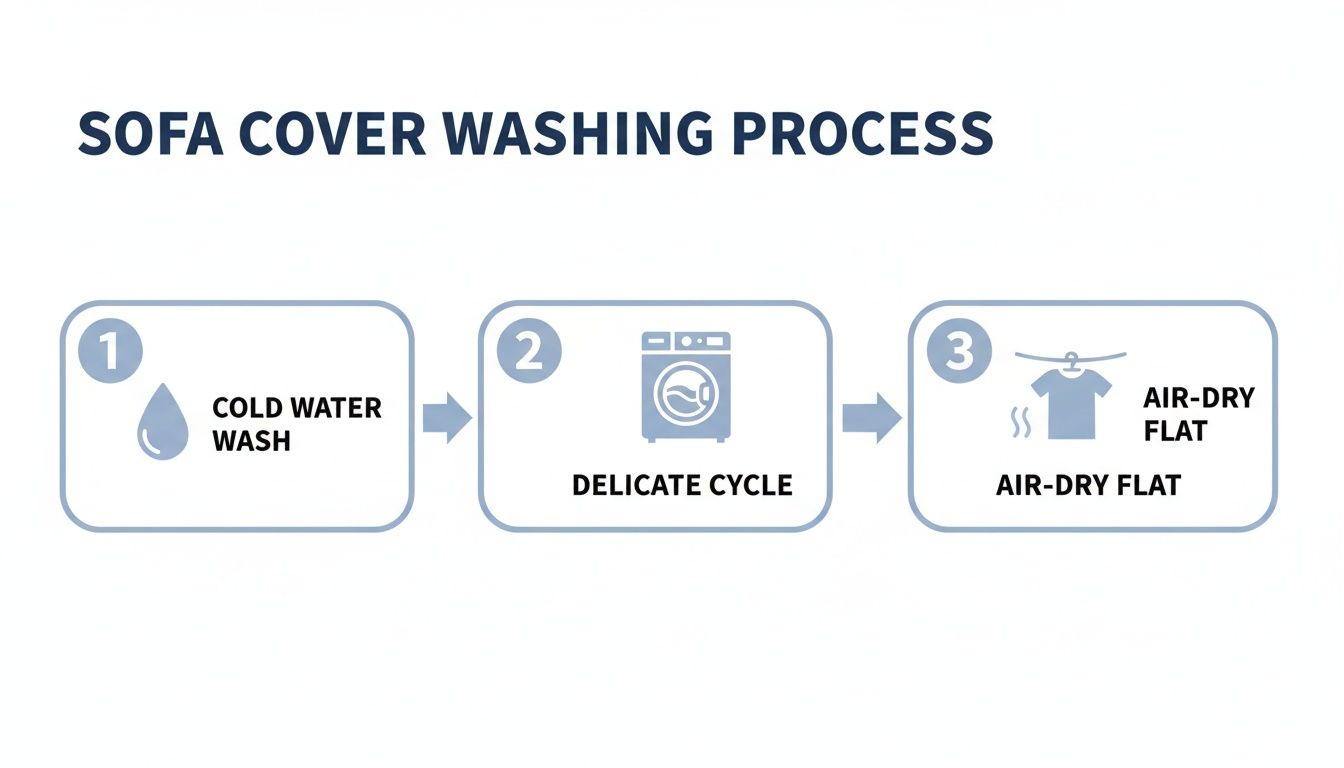 A three-step infographic showing how to wash sofa covers: cold water wash, delicate cycle, air-dry flat.