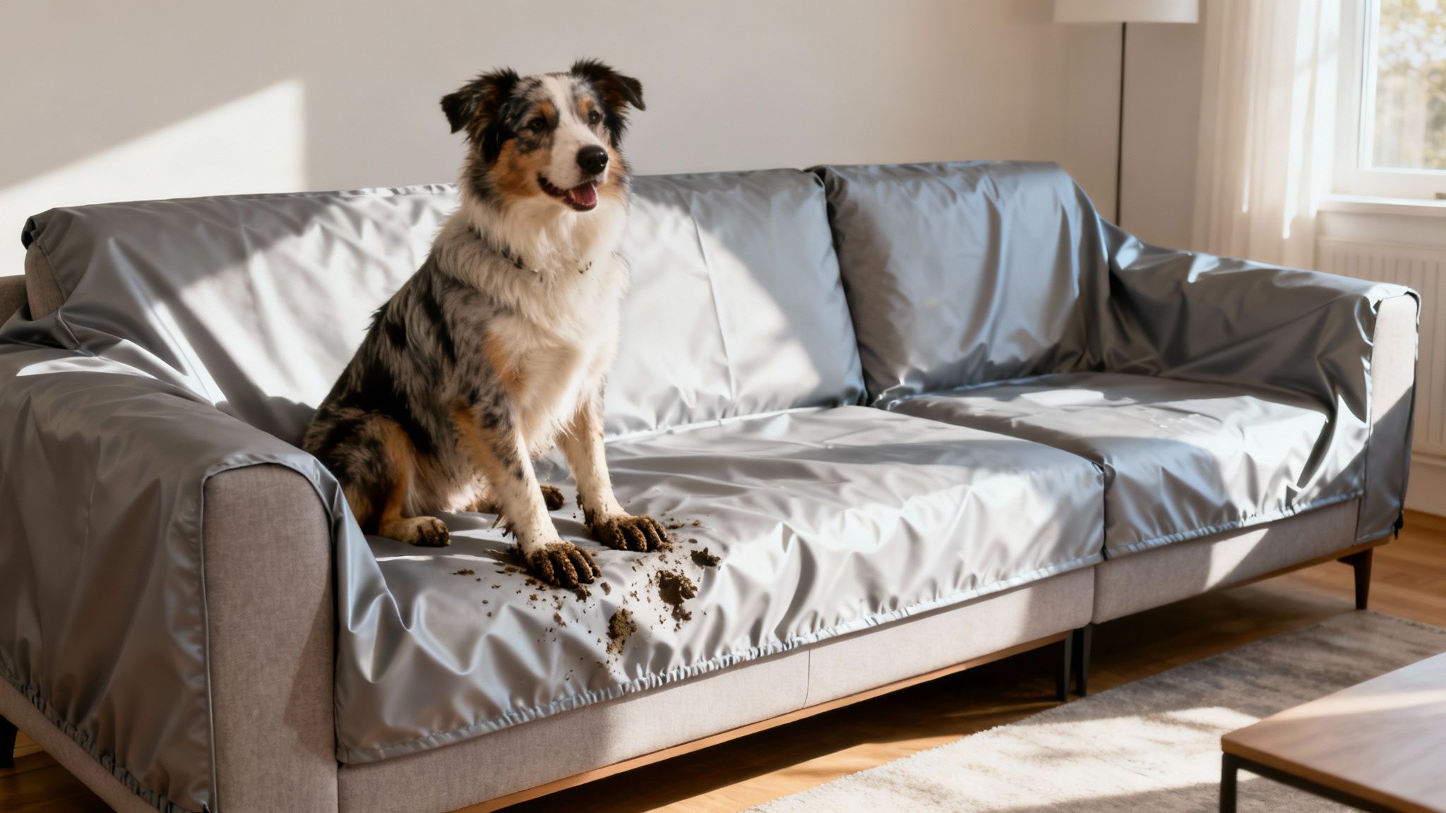 Happy dog with muddy paws sits on a grey waterproof couch cover, protecting the sofa.