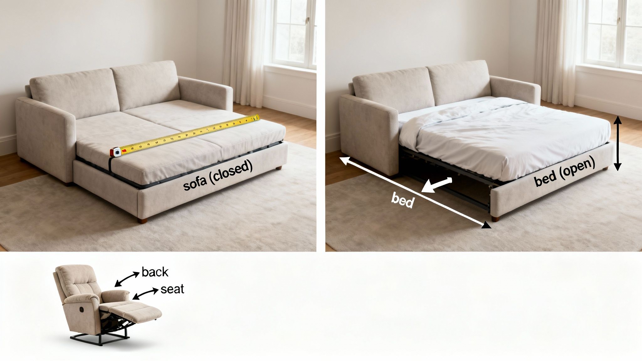 A beige sofa shown in closed (sofa) and open (bed) configurations with dimensions, and a separate recliner chair.