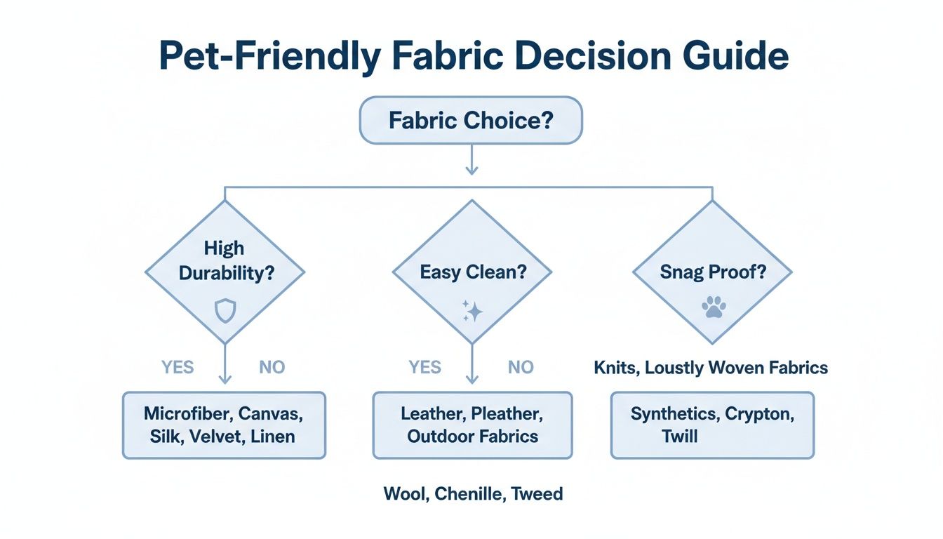 A flowchart titled 'Pet-Friendly Fabric Decision Guide' helps choose fabrics based on durability, cleanability, and snag-proof qualities.