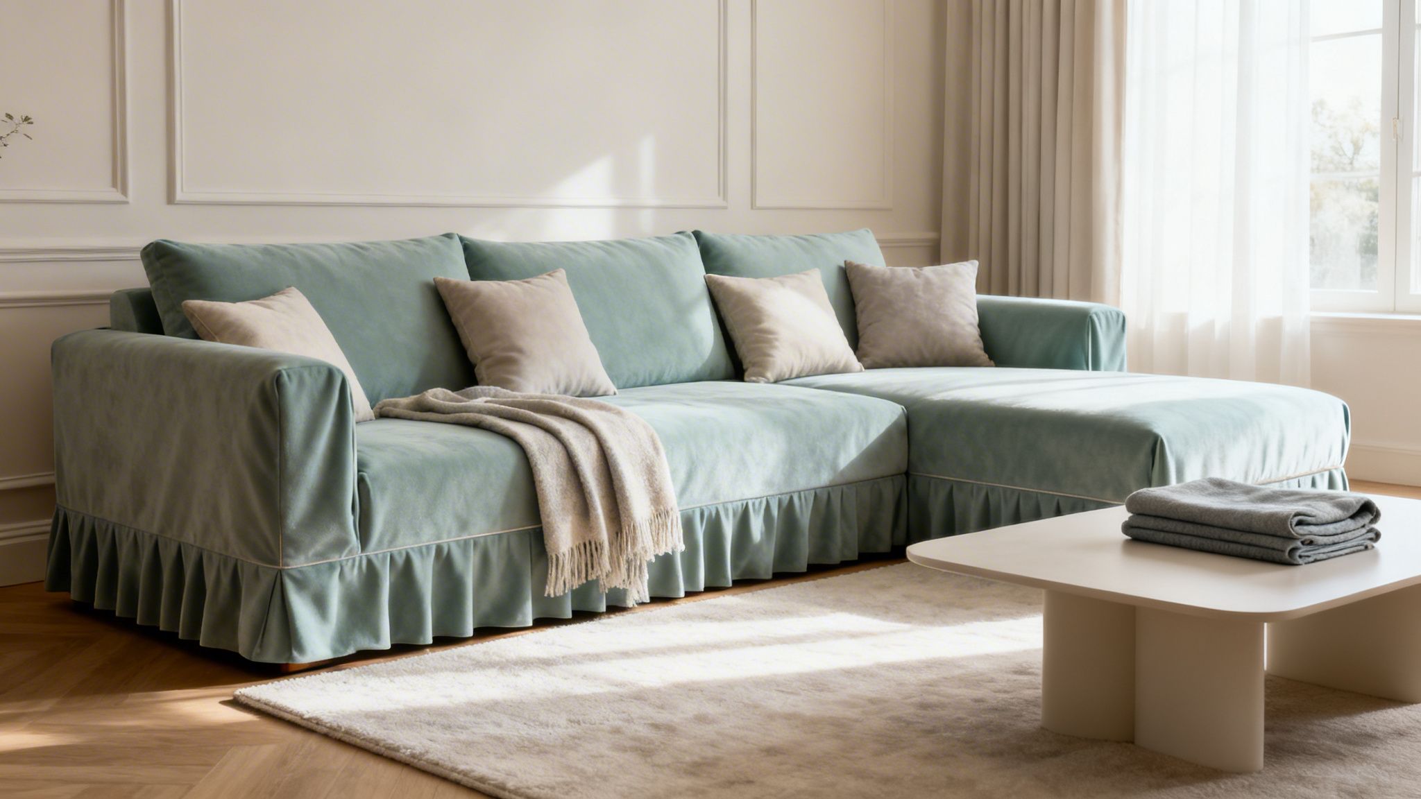A light blue sectional sofa with ruffled slipcover and pillows in a bright living room.