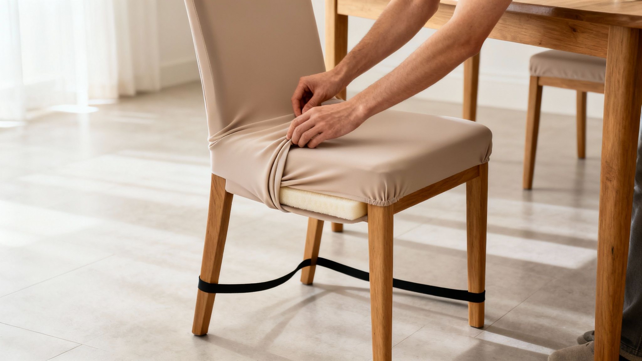A person's hands adjusting a beige slipcover over a wooden dining chair with a foam cushion.