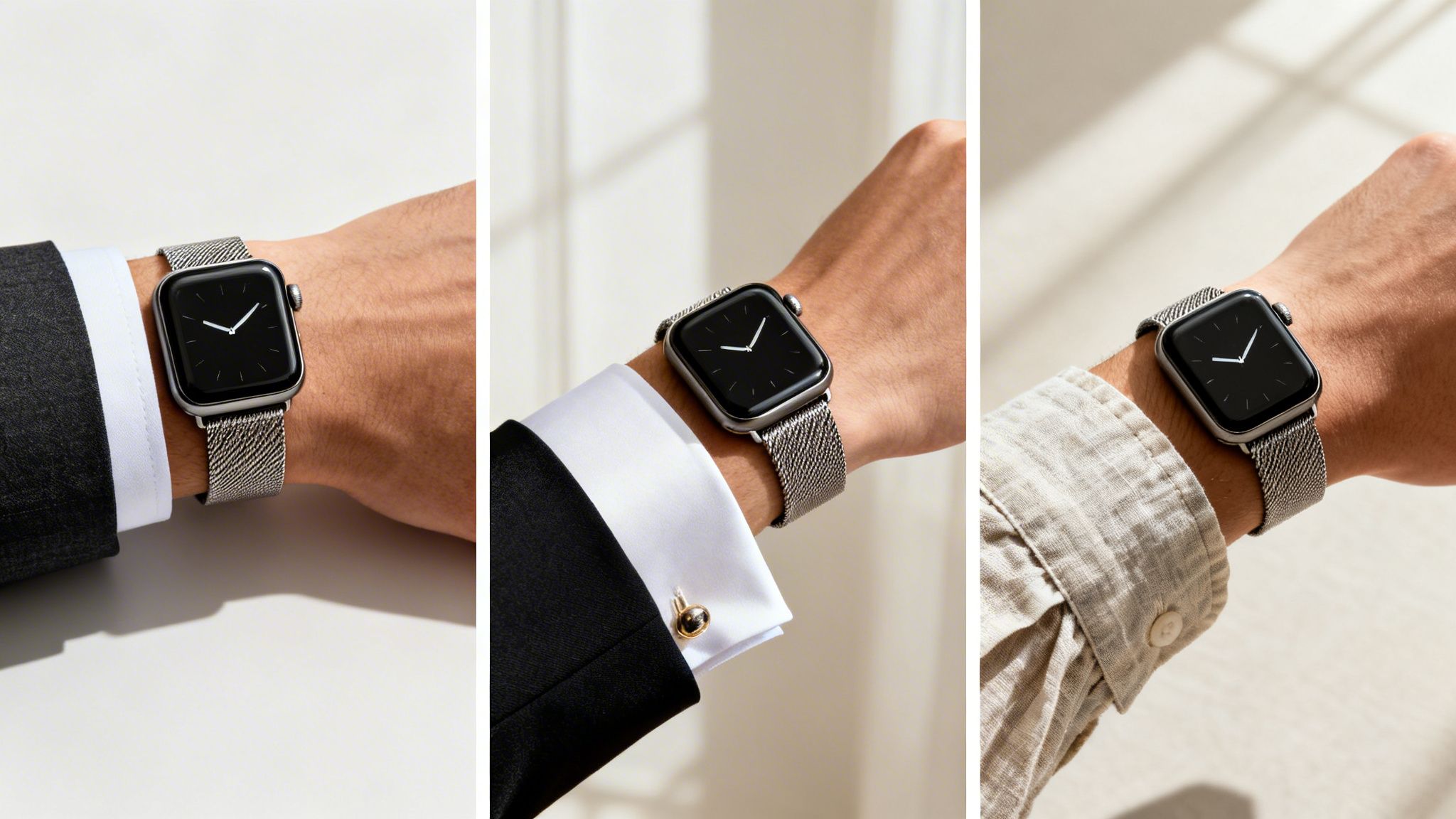 Three close-up views of an Apple Watch with a silver Milanese loop band worn with different outfits.