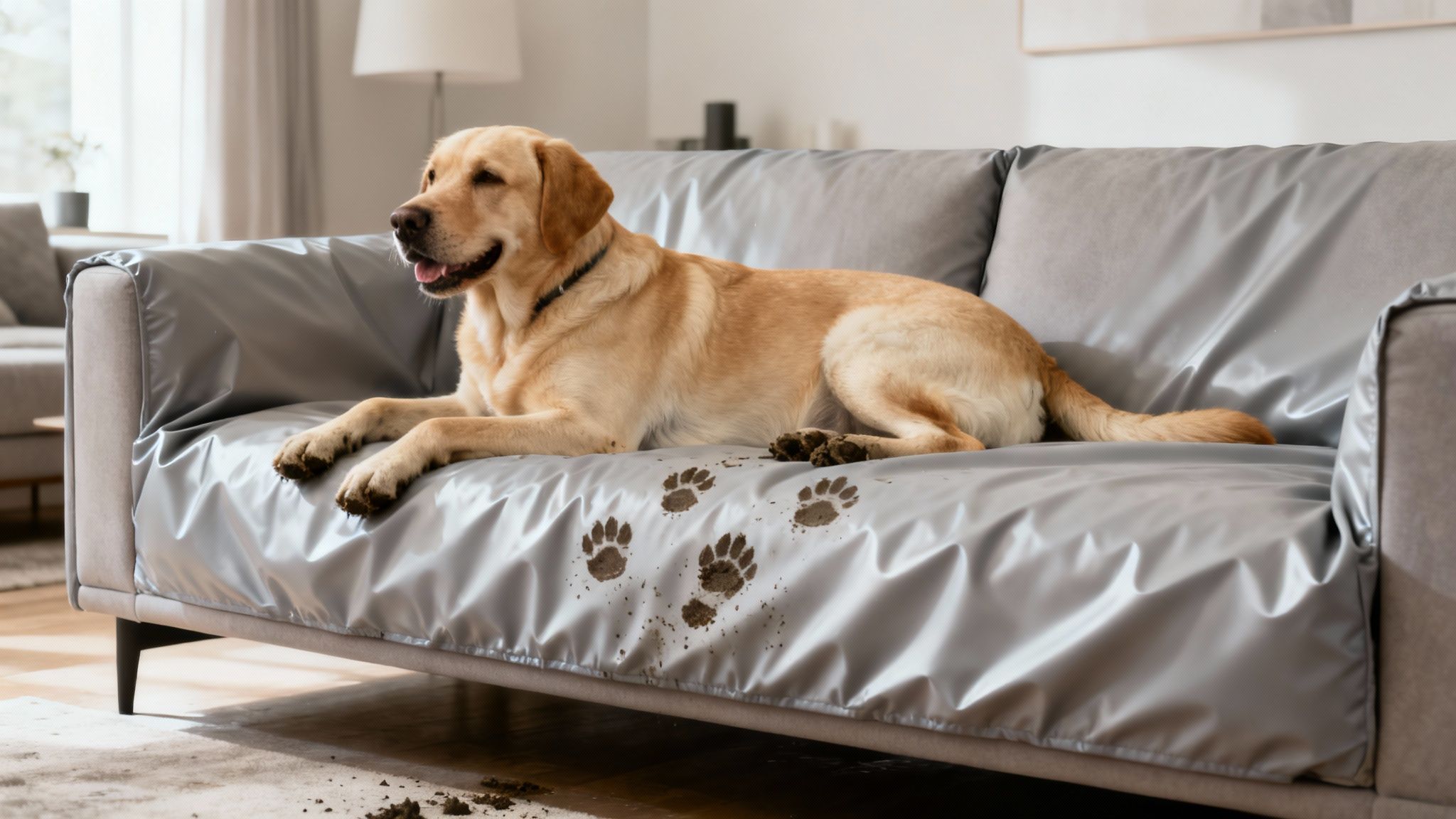 A golden retriever dog lying happily on a grey couch with muddy paw prints on its protective cover.