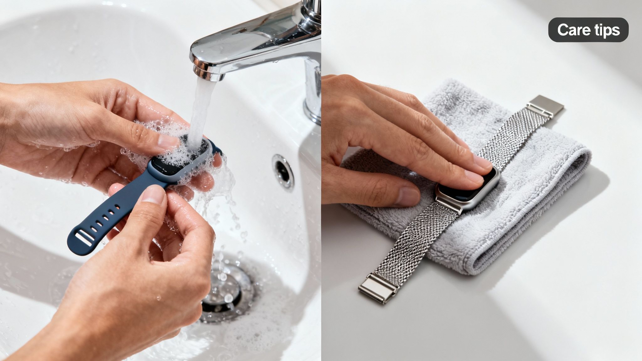 Hands washing a blue fitness tracker and drying a silver smartwatch band, illustrating care tips.