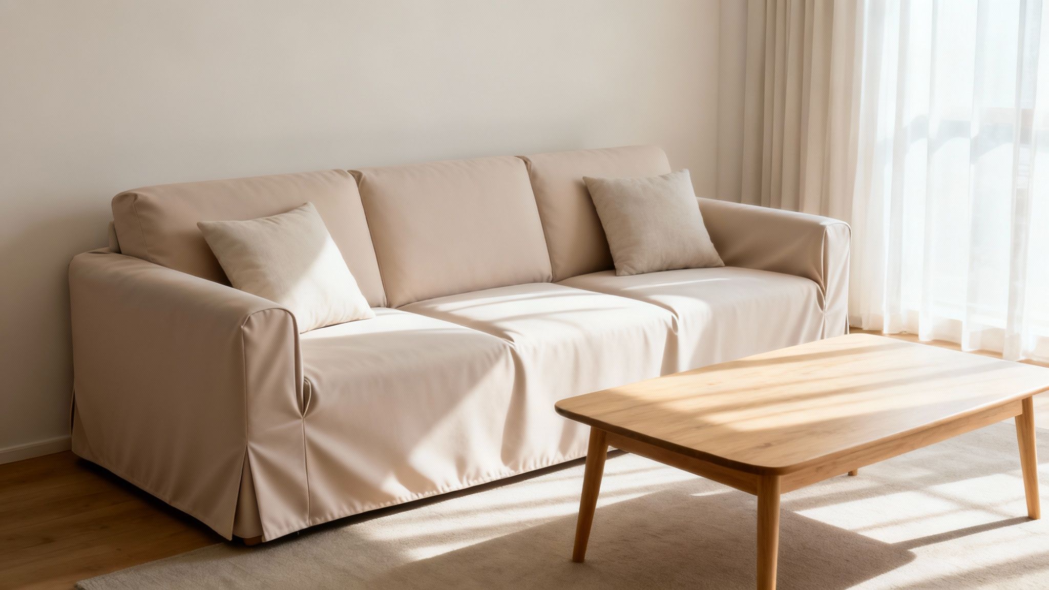 A cozy living room with a light beige sofa, cushions, wooden coffee table, and sheer curtains.