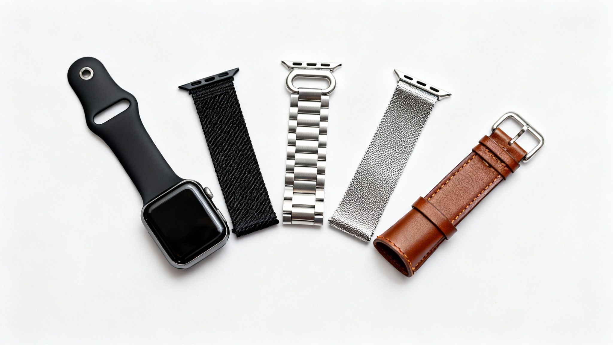 A collection of Apple Watch bands in black silicone, woven fabric, silver metal, and brown leather.