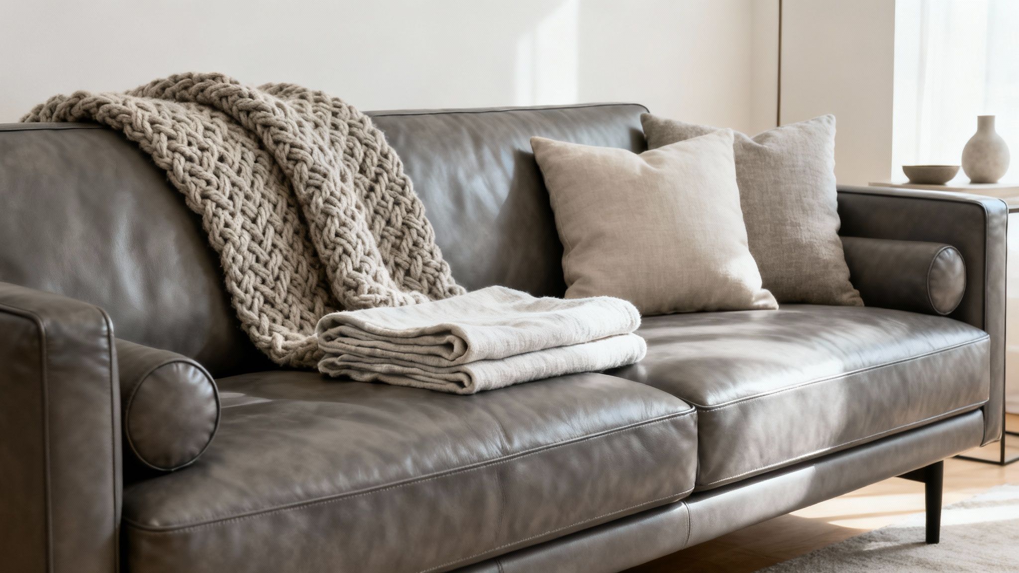 A comfortable grey leather couch styled with a chunky knit throw and decorative pillows.