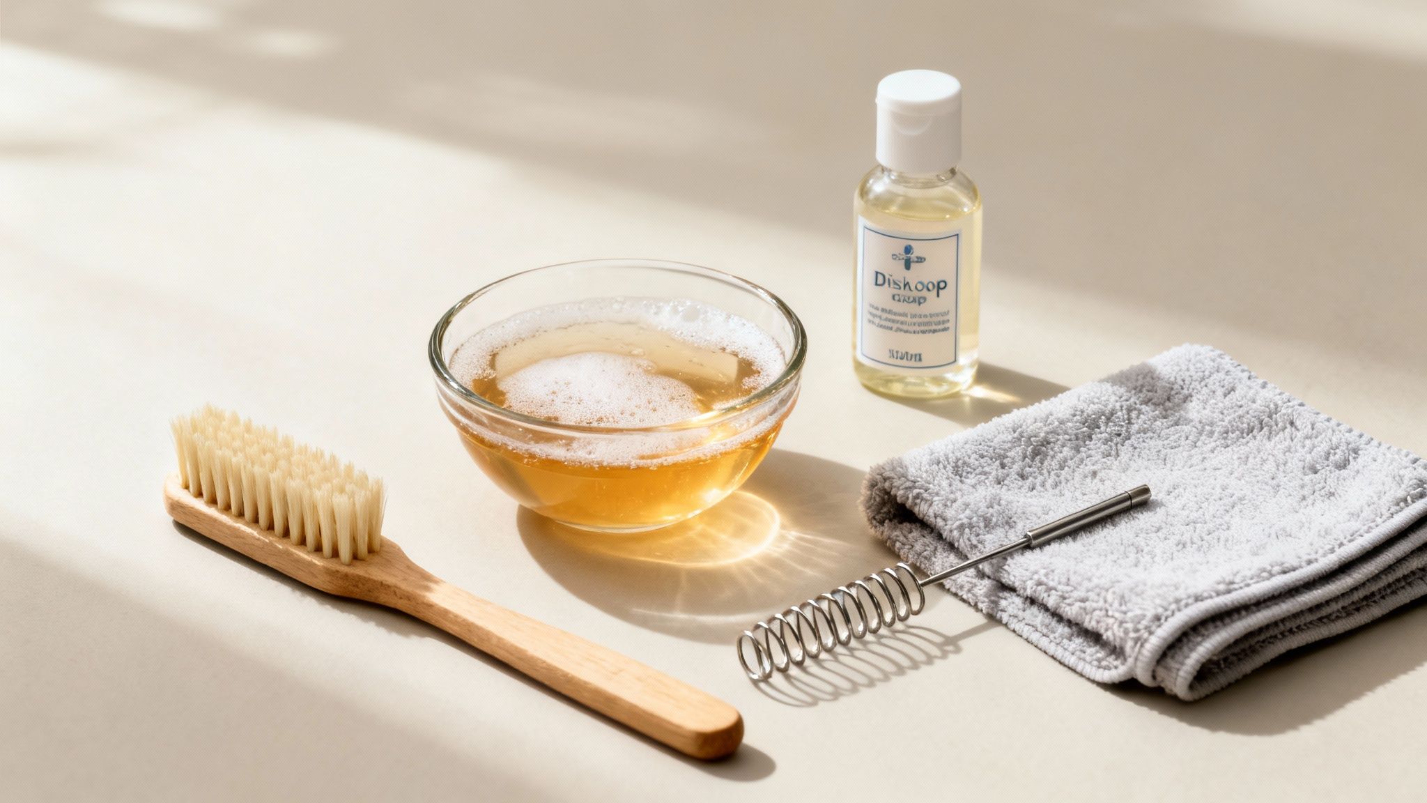 A flat lay of watch cleaning supplies: a brush, bowl of soapy water, cleaning fluid, and towel.