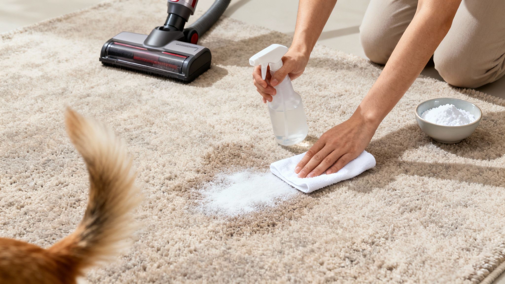 A person cleaning a dirty rug with a spray bottle, white powder, and a cloth, next to a vacuum cleaner and a dog's tail.