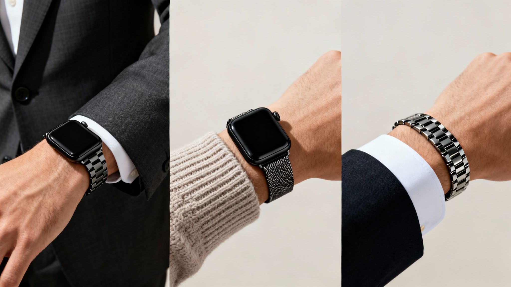 Three men's wrists displaying black Apple Watch models with various metal bands.