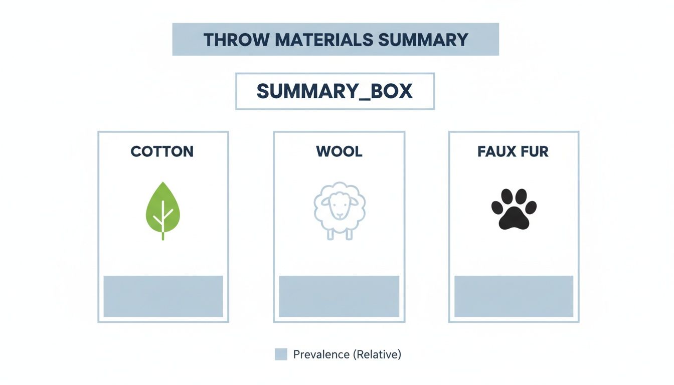 An infographic showing a 'Throw Materials Summary' with relative prevalence for Cotton, Wool, and Faux Fur.