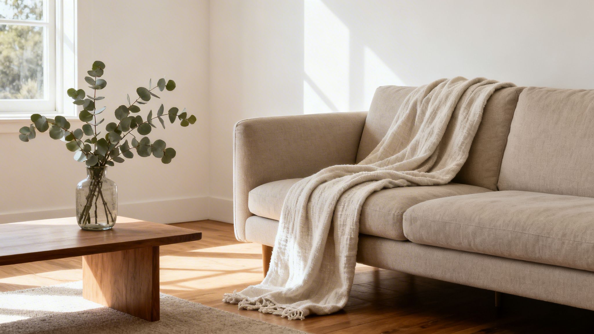 Bright living room with a beige sofa, throw blanket, wooden coffee table, and eucalyptus.