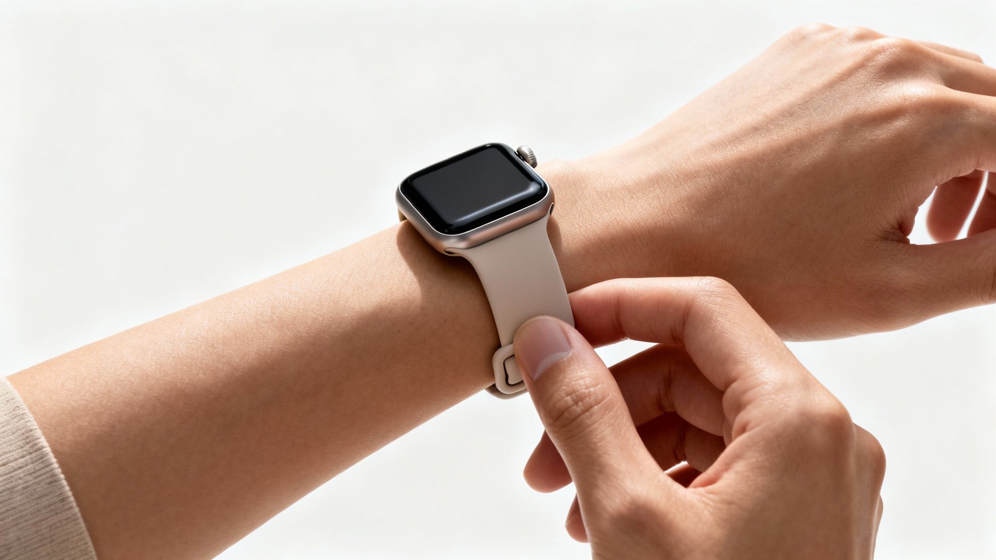 Close-up of a person's hands adjusting a light beige smartwatch band on their wrist.