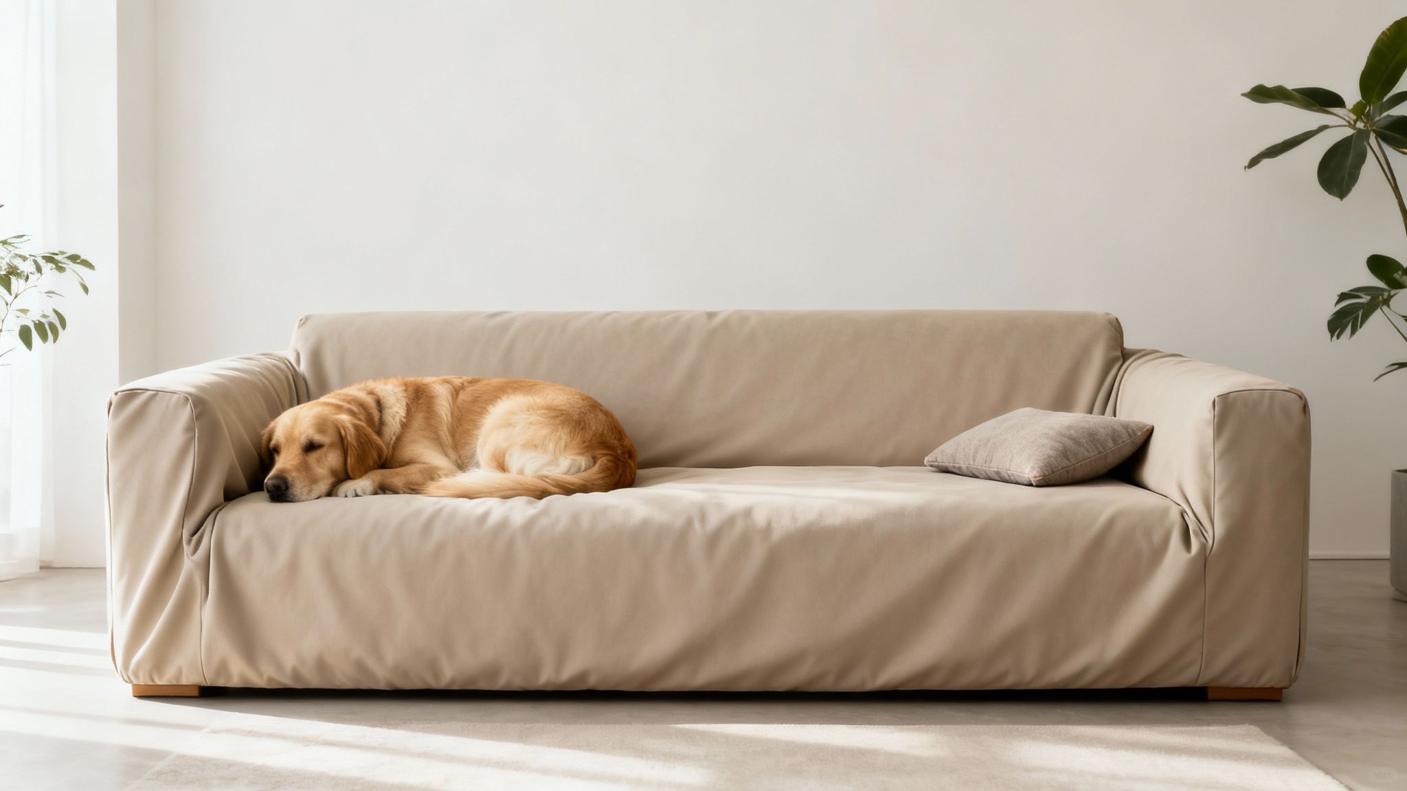 A golden retriever dog peacefully sleeps on a light beige sofa in a bright, modern living room.