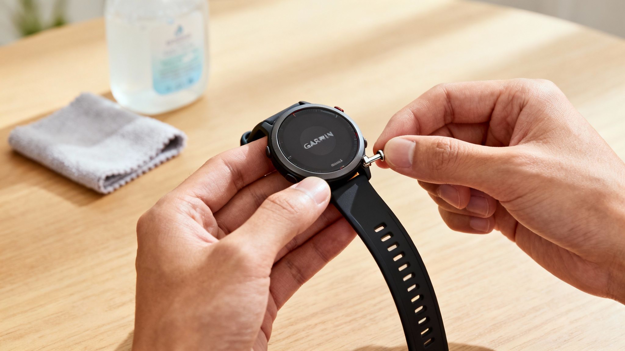 A person's hands detaching a spring bar from a black Garmin watch strap on a wooden table.