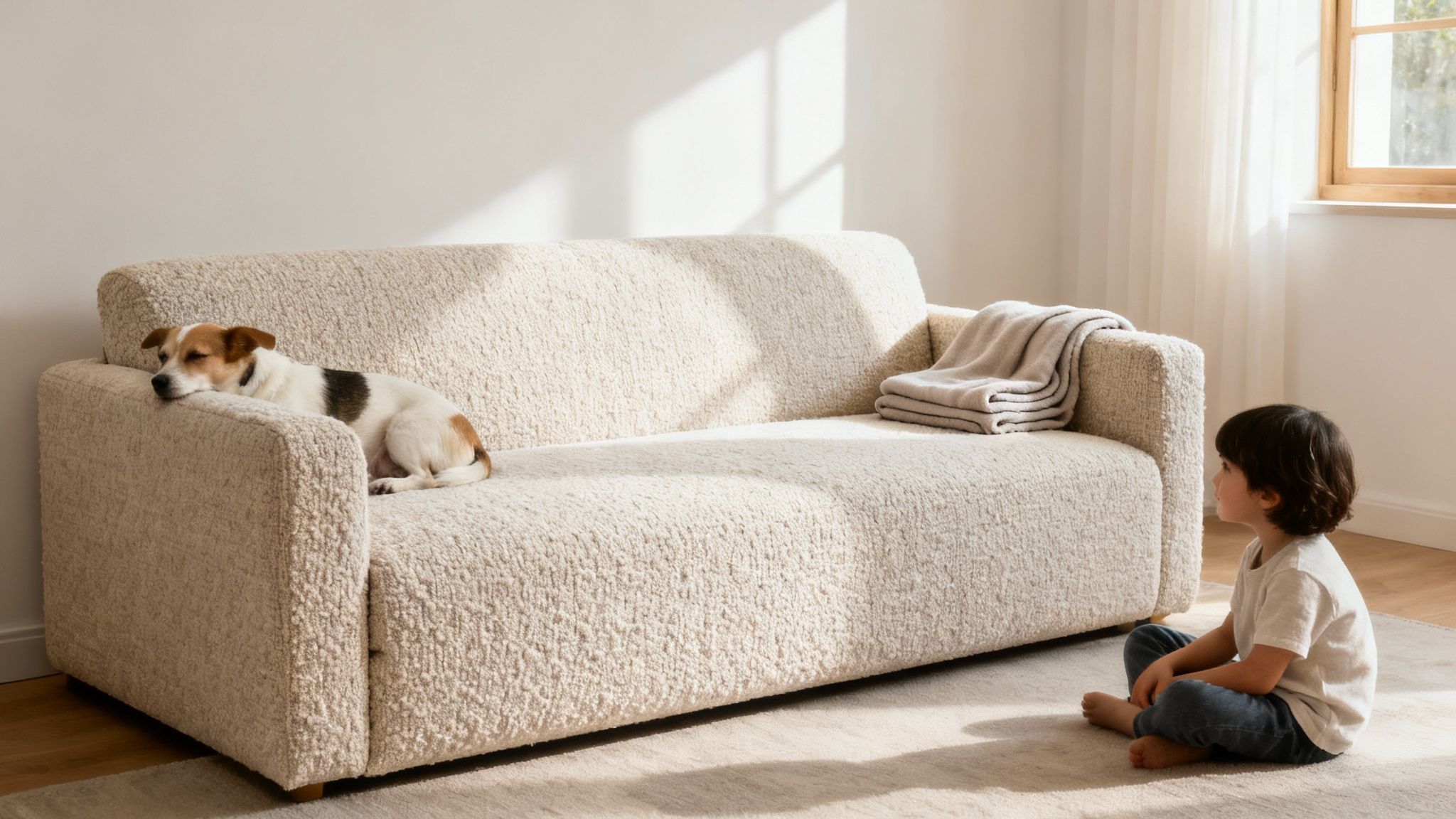 A child sits on the floor, looking at a sleeping dog curled up on a cream boucle sofa.