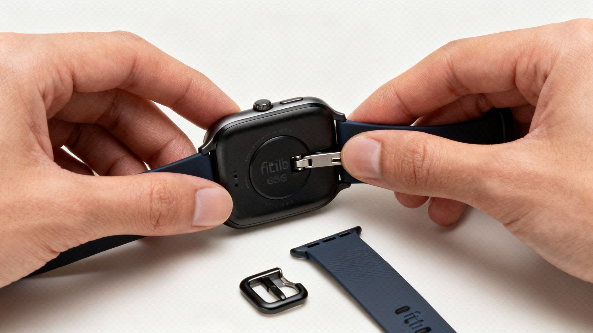 Hands removing a dark blue strap from a black Fitbit Sense smartwatch, with a strap buckle on a white surface.