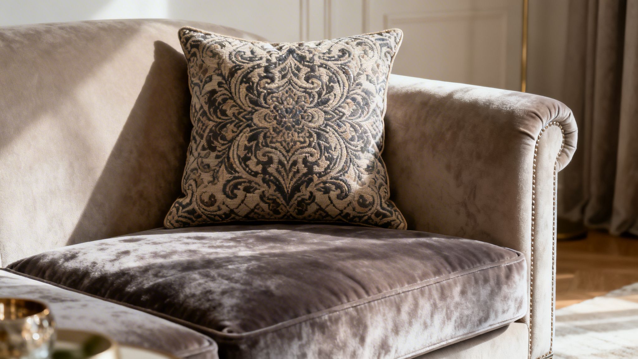 A luxurious velvet sofa with an ornate patterned throw pillow illuminated by sunlight.
