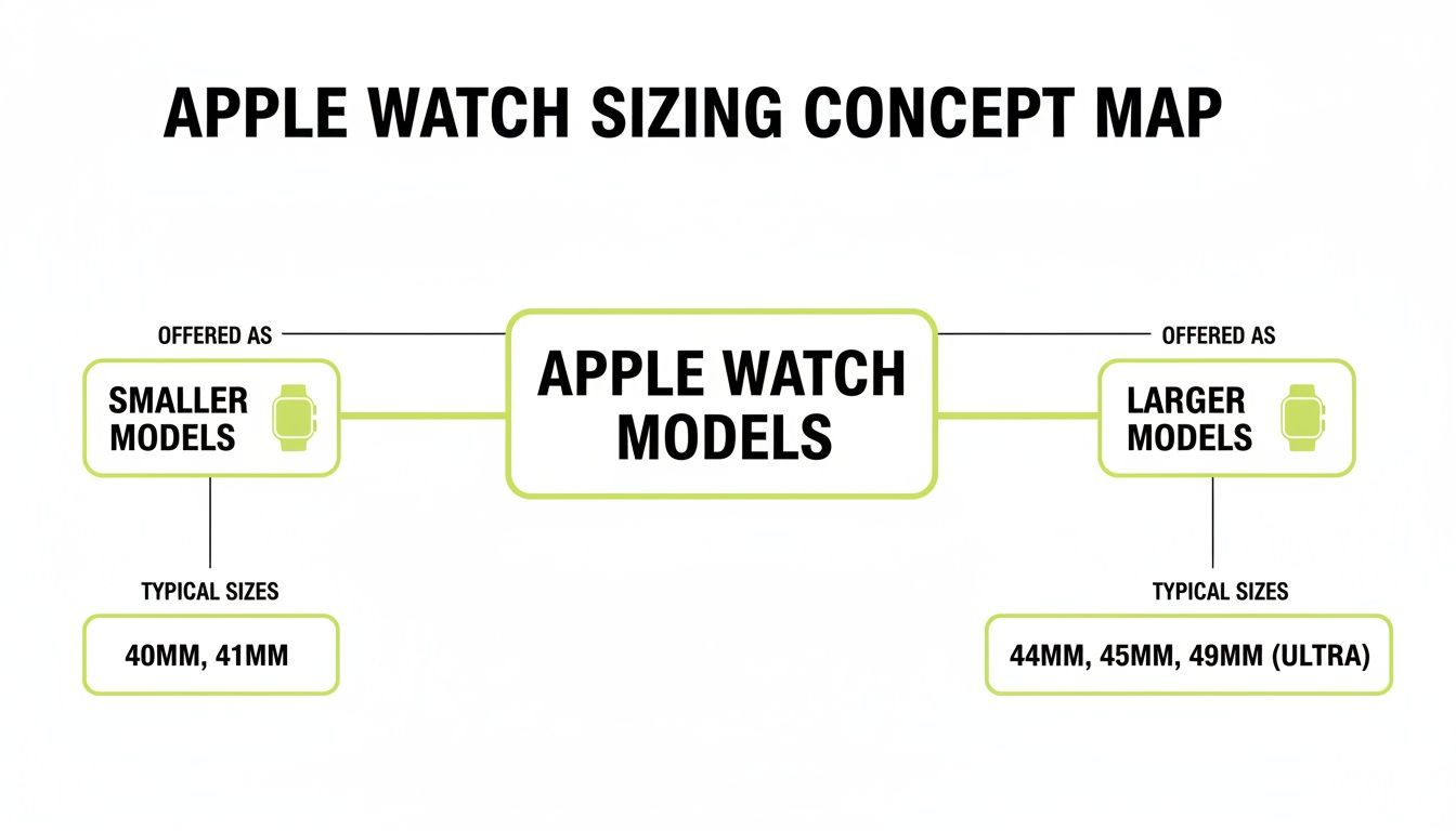 Concept map illustrating Apple Watch sizing, distinguishing between smaller (40MM, 41MM) and larger (44MM, 45MM, 49MM Ultra) models.
