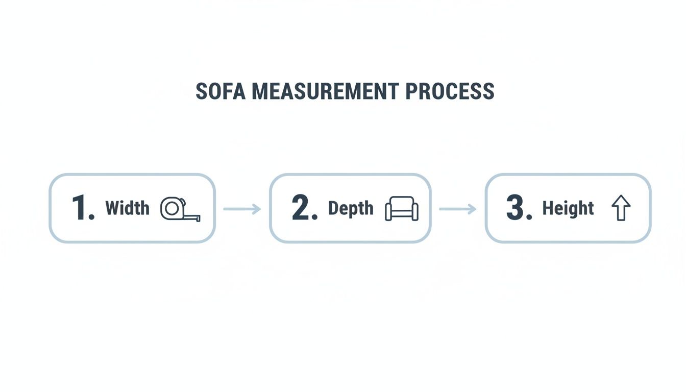 An infographic illustrating the three-step sofa measurement process: width, depth, and height.